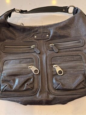 Hogan Brown Leather Hobo Bag with Front Zip Pockets